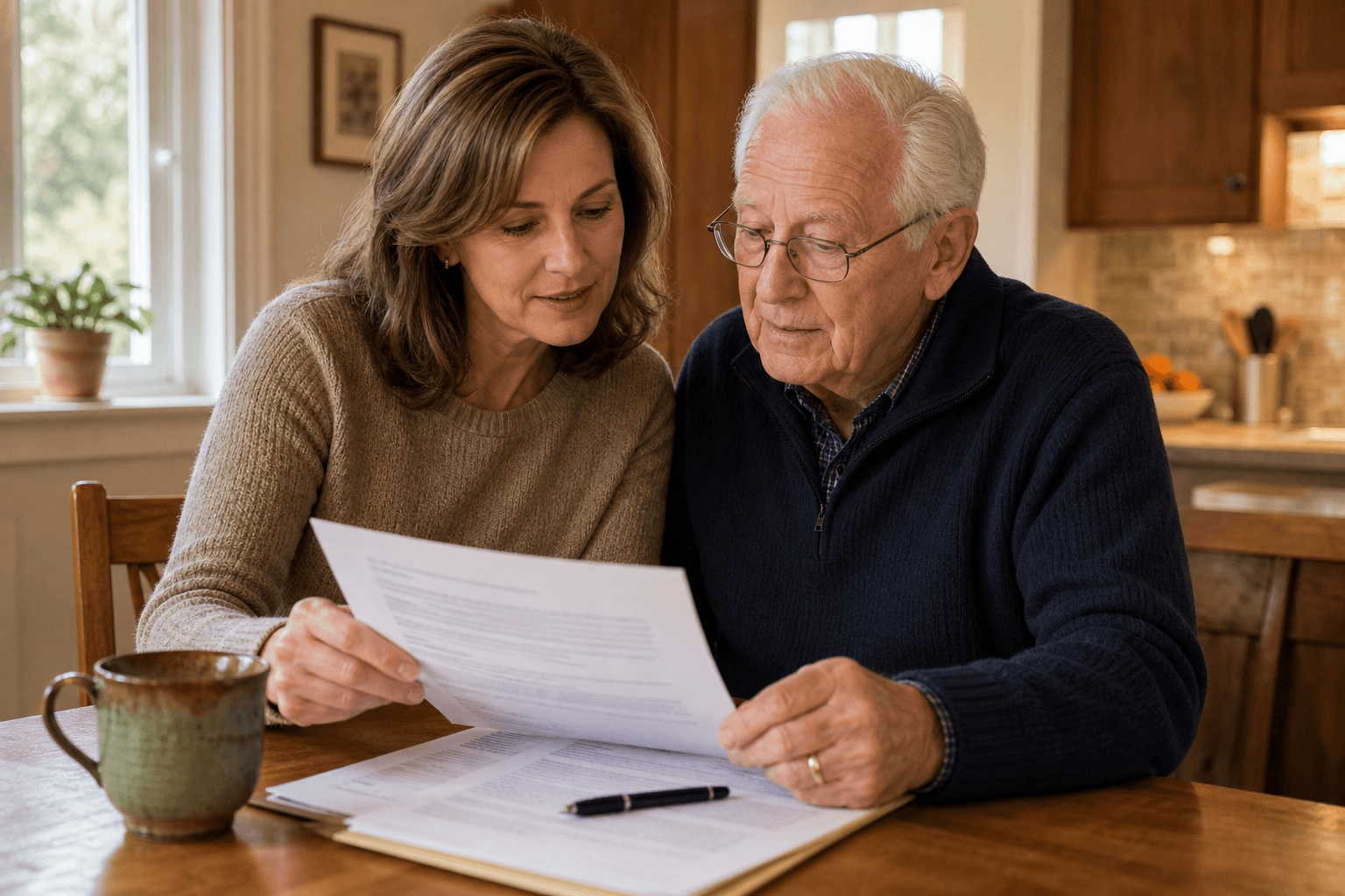 A woman in her late 40s sits beside her elderly father at a kitchen table, both reviewing paper legal documents together in warm natural light.
