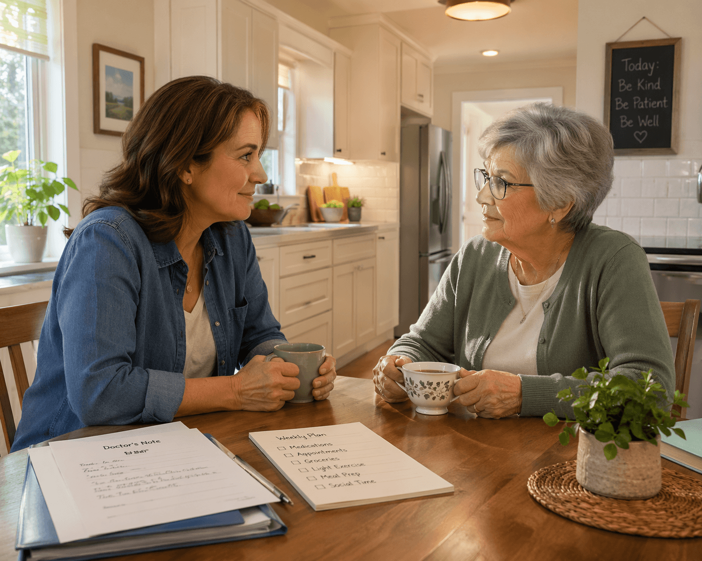 An adult child and their aging parent sit at a sunlit kitchen table having a calm conversation over cups of tea, with a few papers and a checklist on the table.