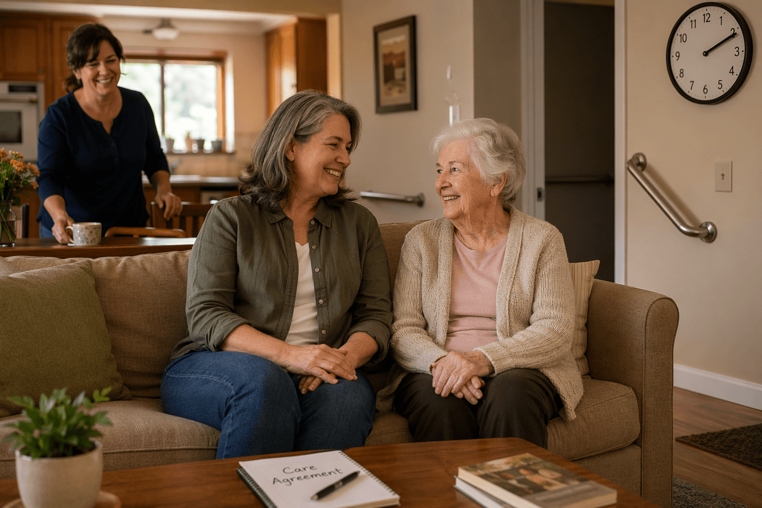A warm living room scene with a middle-aged adult child and elderly parent seated together on a sofa, smiling, while a live-in companion in the background places a mug of tea on a table.
