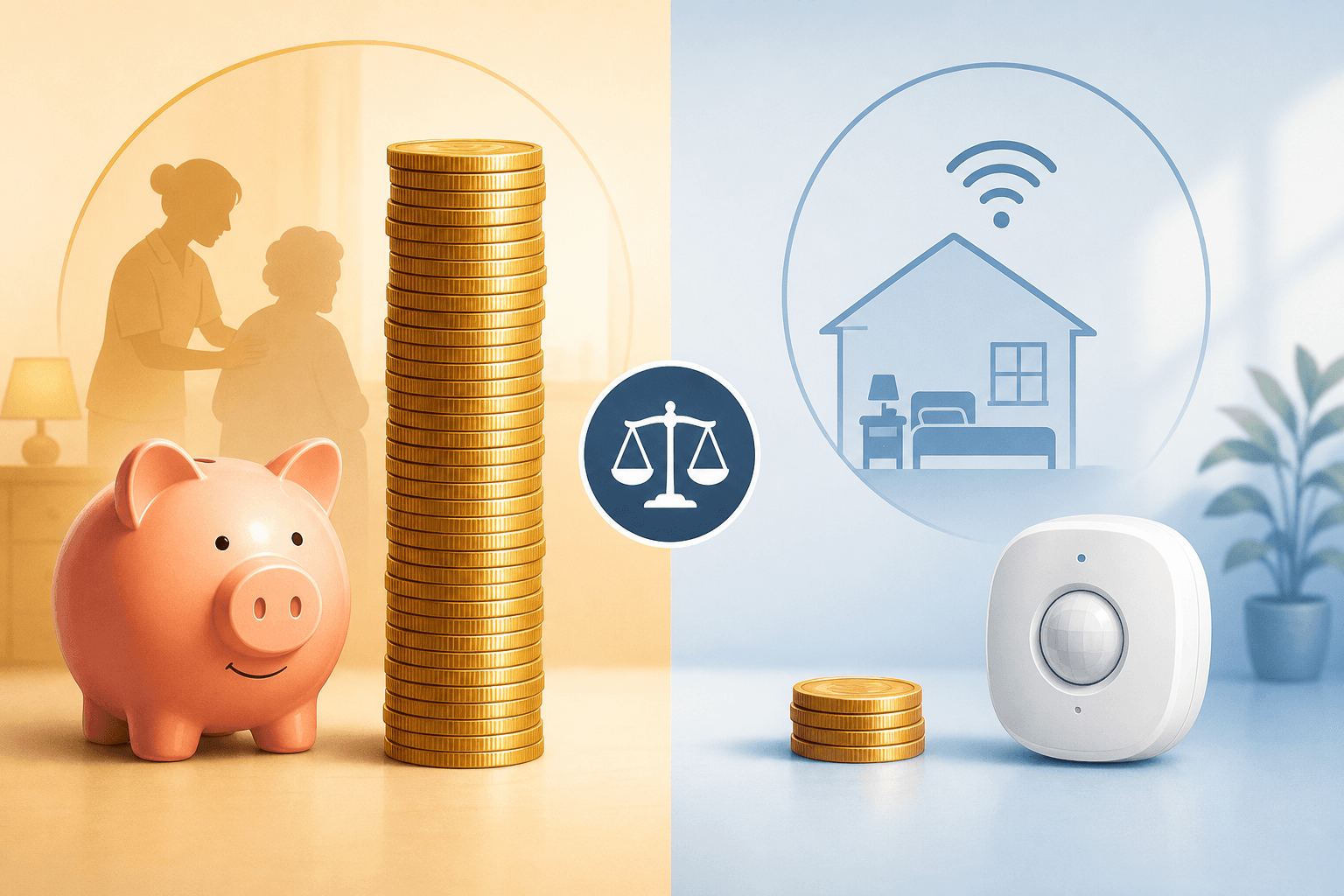 Cost comparison illustration showing a tall stack of coins representing professional overnight care beside a much shorter stack representing technology monitoring.