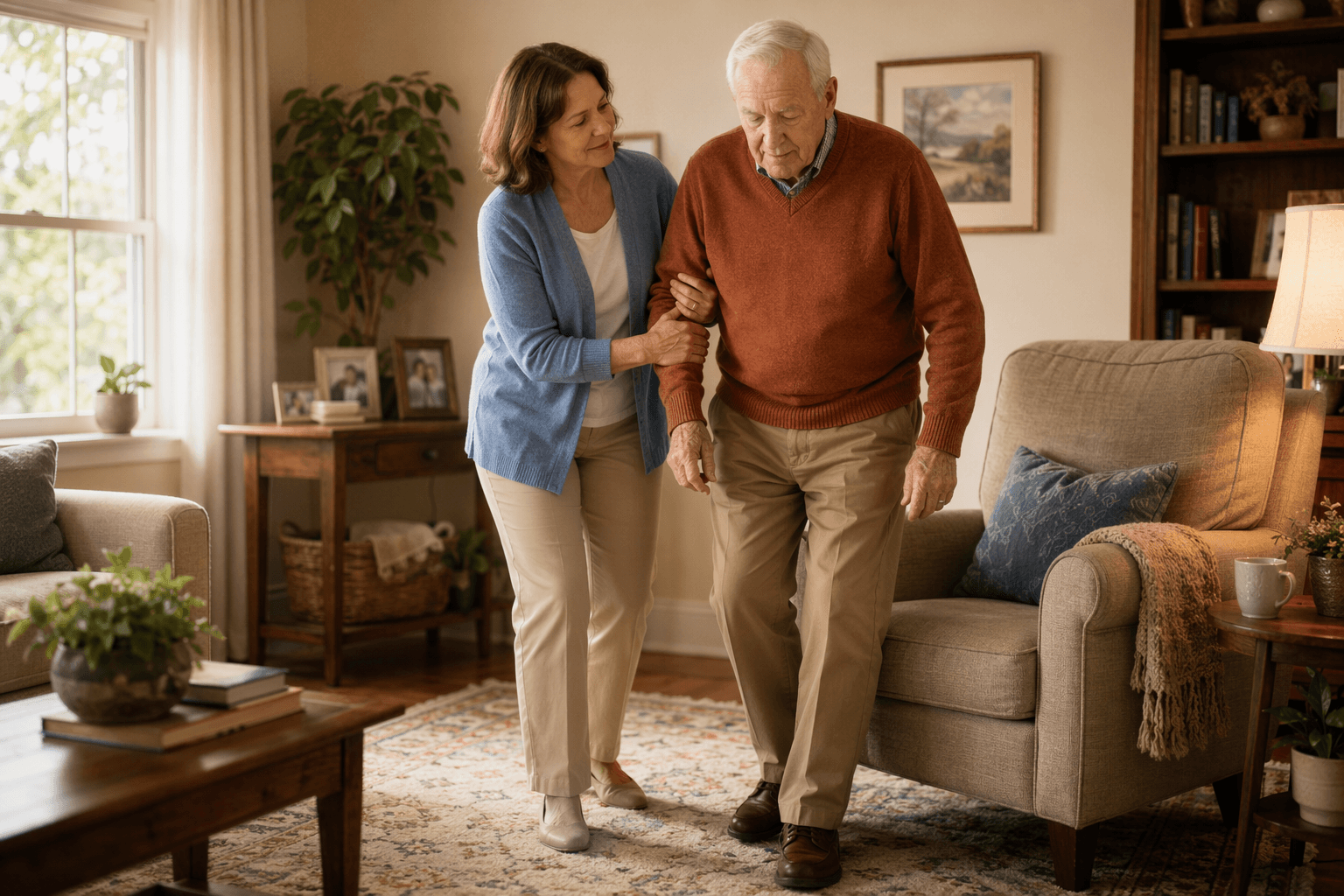 A middle-aged daughter in a blue cardigan gently supports her elderly father's arm as he walks slowly from a living room armchair in a sunlit home with soft beige walls, a rug, and houseplants, conveying calm and dignified care.