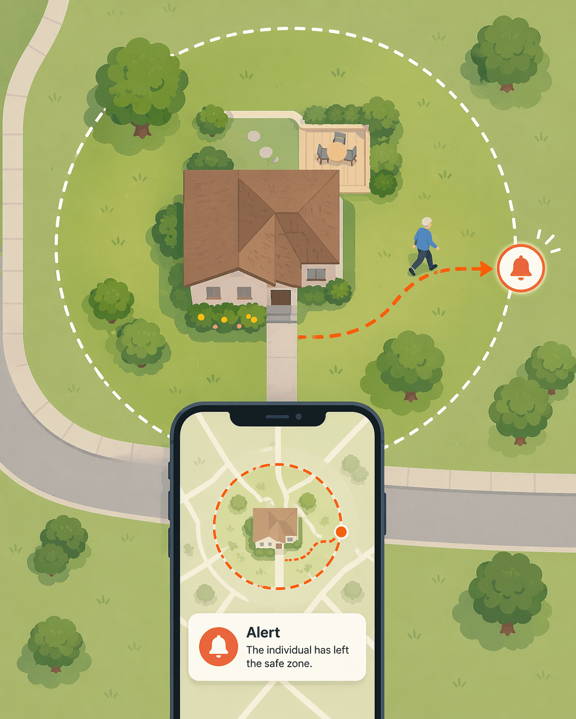 Top-down illustration of a house and yard with a dashed geofence boundary, a path leading toward the boundary with a bell alert icon, and a smartphone showing a geofence alert notification.