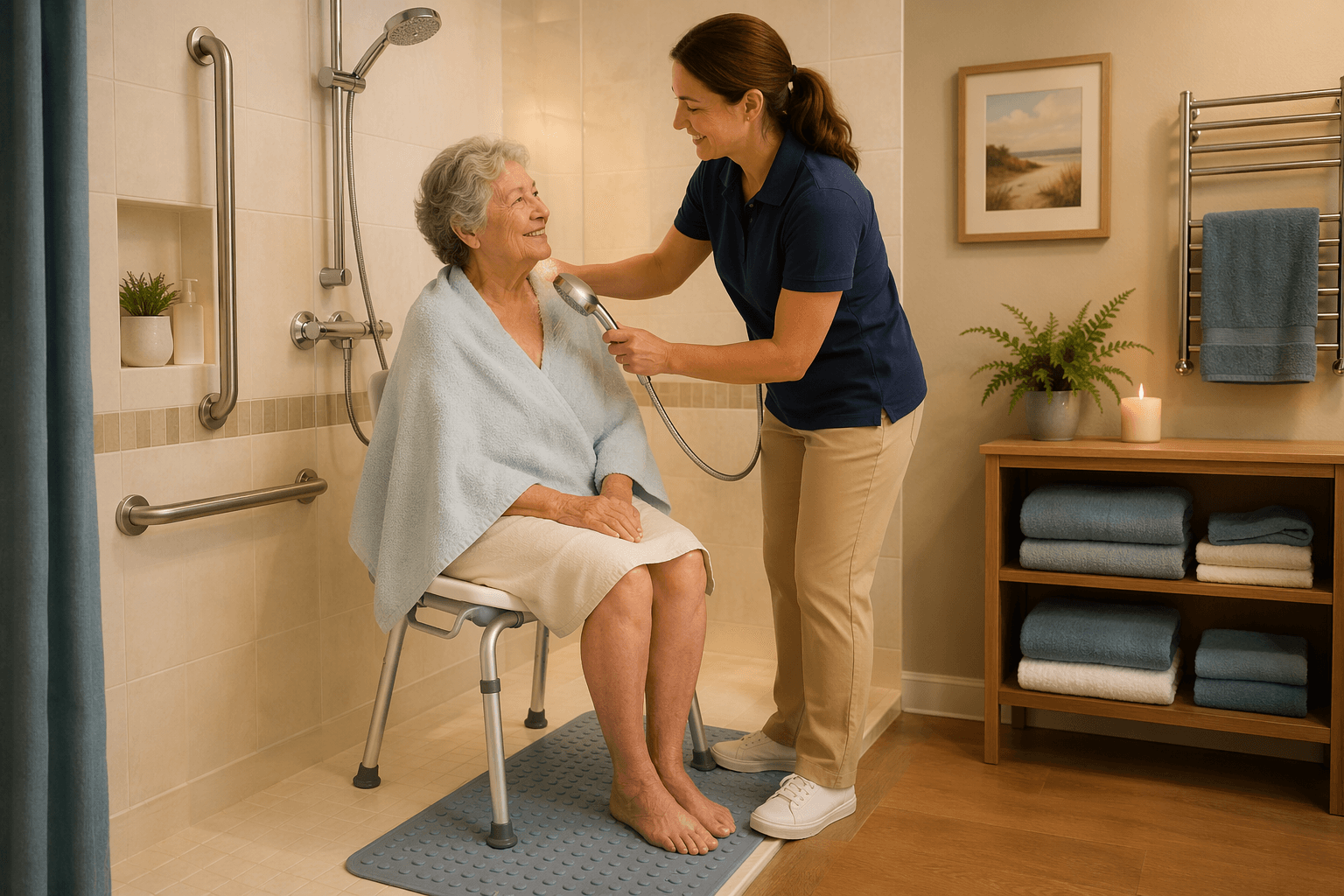 A warm bathroom scene from an elevated angle showing a caregiver gently assisting an older adult seated on a shower chair with a handheld showerhead, with grab bars, a non-slip mat, warm lighting, and a towel draped over the older adult's shoulders for modesty
