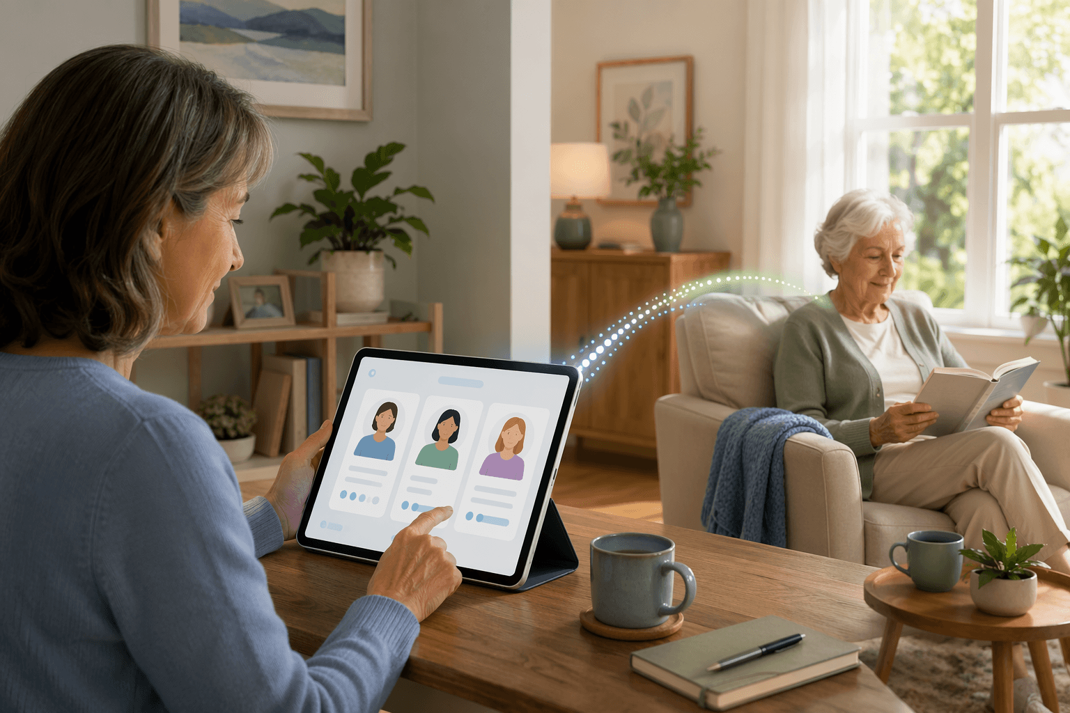 An adult child using a tablet to browse caregiver profiles, with a visual connection to an older parent seated in a sunlit living room.