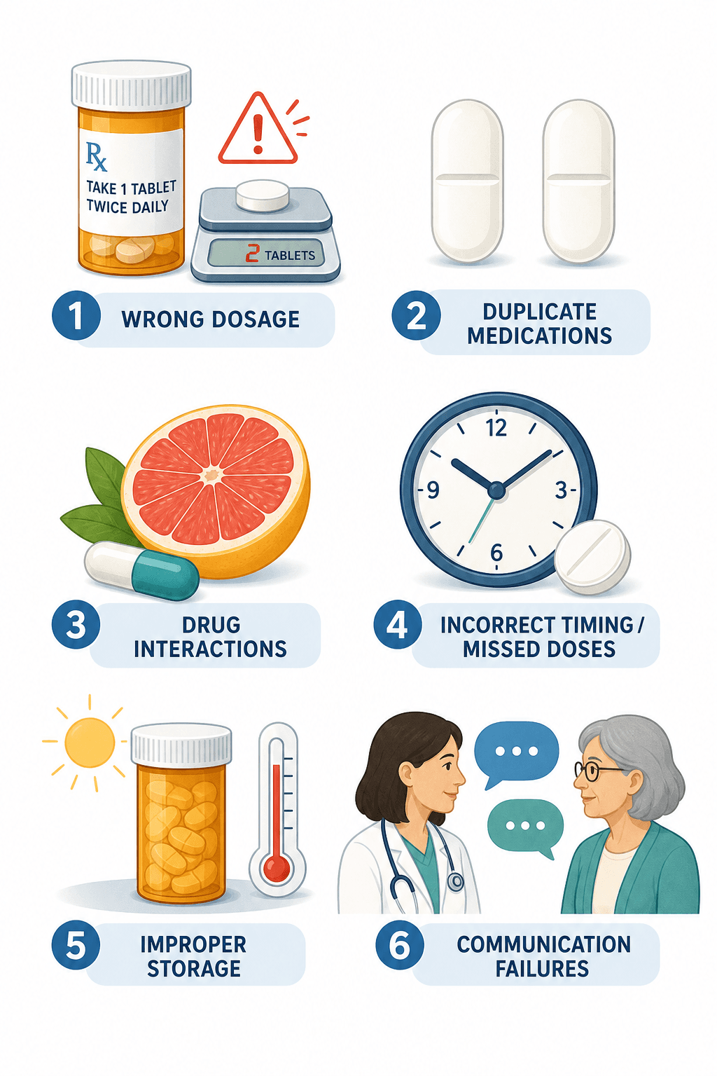 A two-column by three-row grid of flat vector icons representing the six medication error categories.