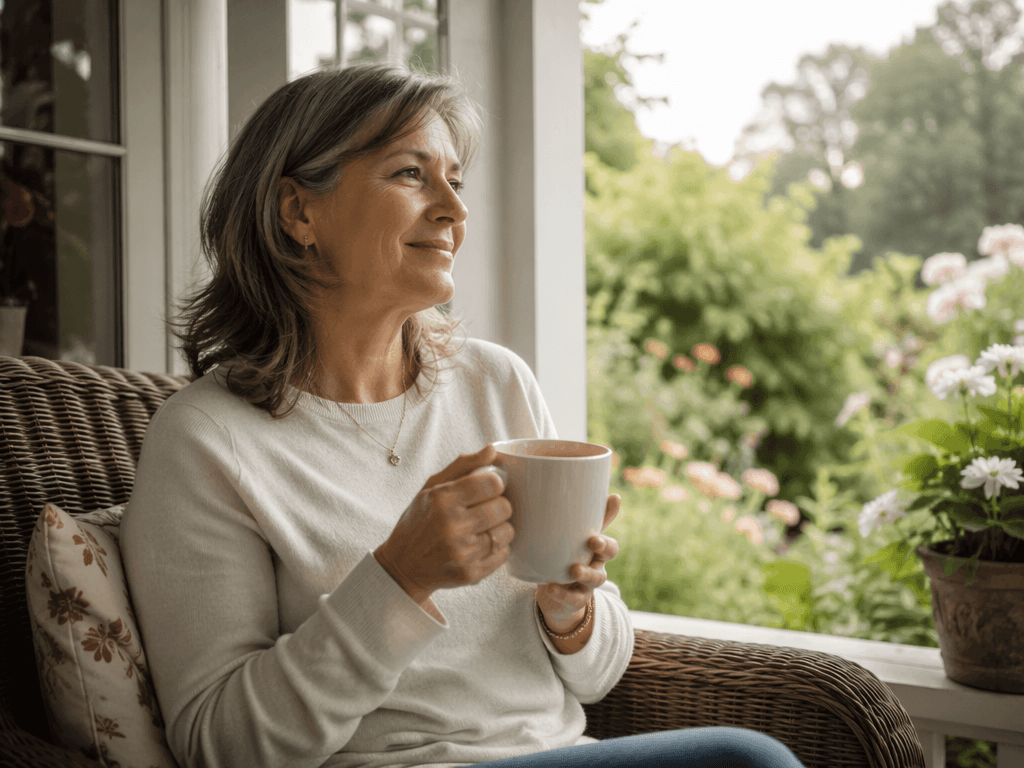 A middle-aged woman sitting peacefully on a quiet porch holding a cup of tea, looking out at a garden with a calm, relieved expression in soft morning light, conveying a sense of caregiver respite and restored well-being