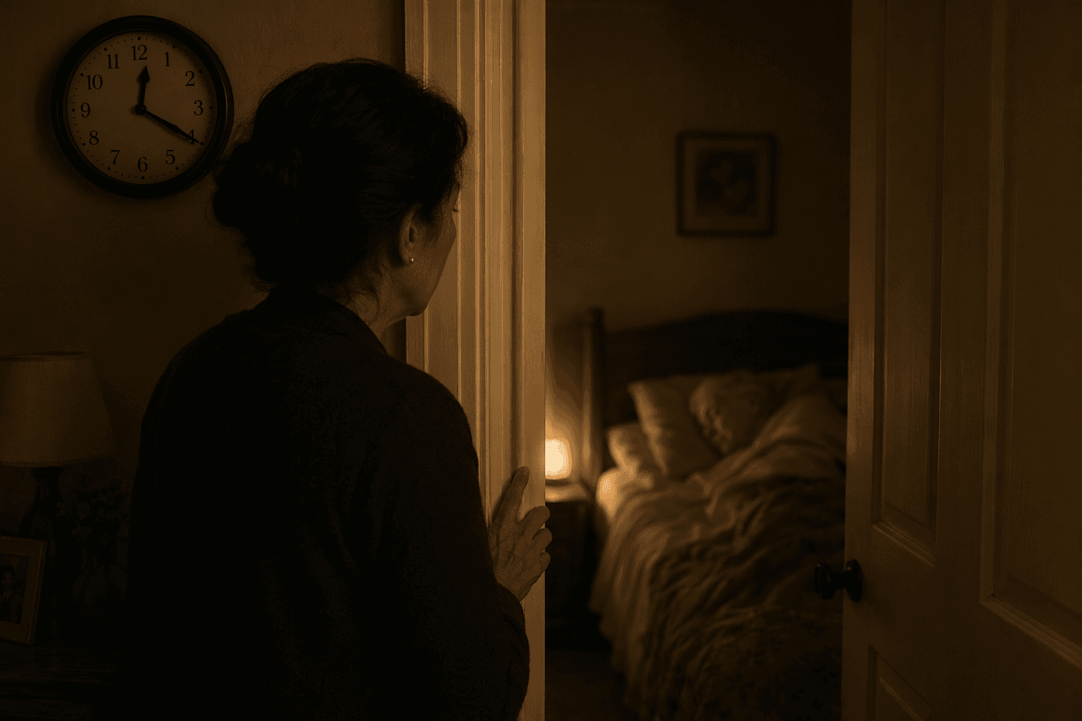 A family caregiver standing awake in a hallway at night while an elderly parent sleeps nearby