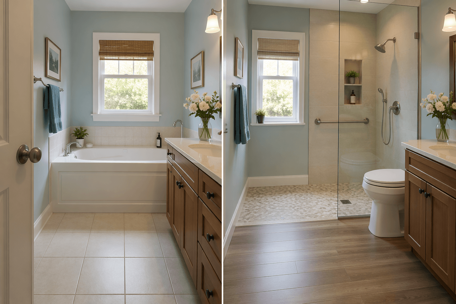 Split-view photograph of a bathroom. The left half shows a traditional bathtub and round doorknob (before). The right half shows a curbless shower, grab bar, raised toilet, and lever handle (after).