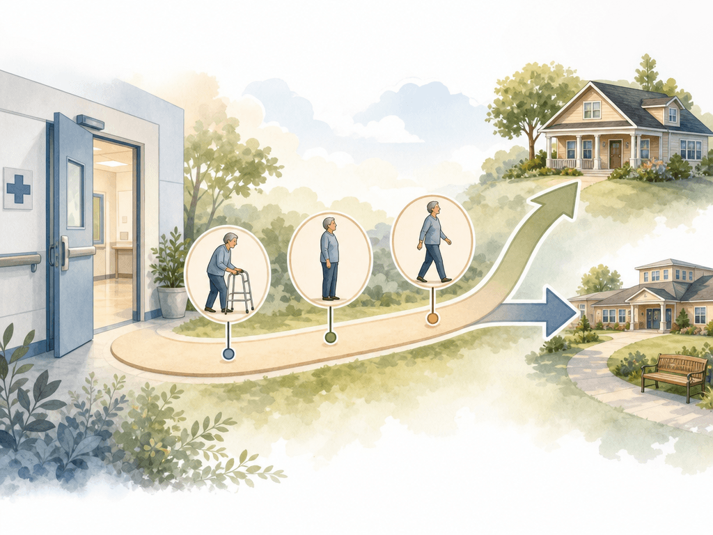 A timeline illustration showing a hospital discharge on the left, a curved observation path with milestone markers, and two diverging arrows at the end — one toward a house and one toward a care facility.