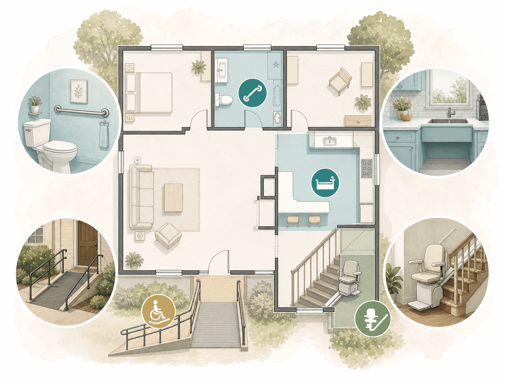 A minimal editorial illustration of a house floor plan outline with highlighted zones: a bathroom area with a grab bar icon, a kitchen area with a lowered counter icon, an entryway with a ramp icon, and stairs with a stairlift icon.