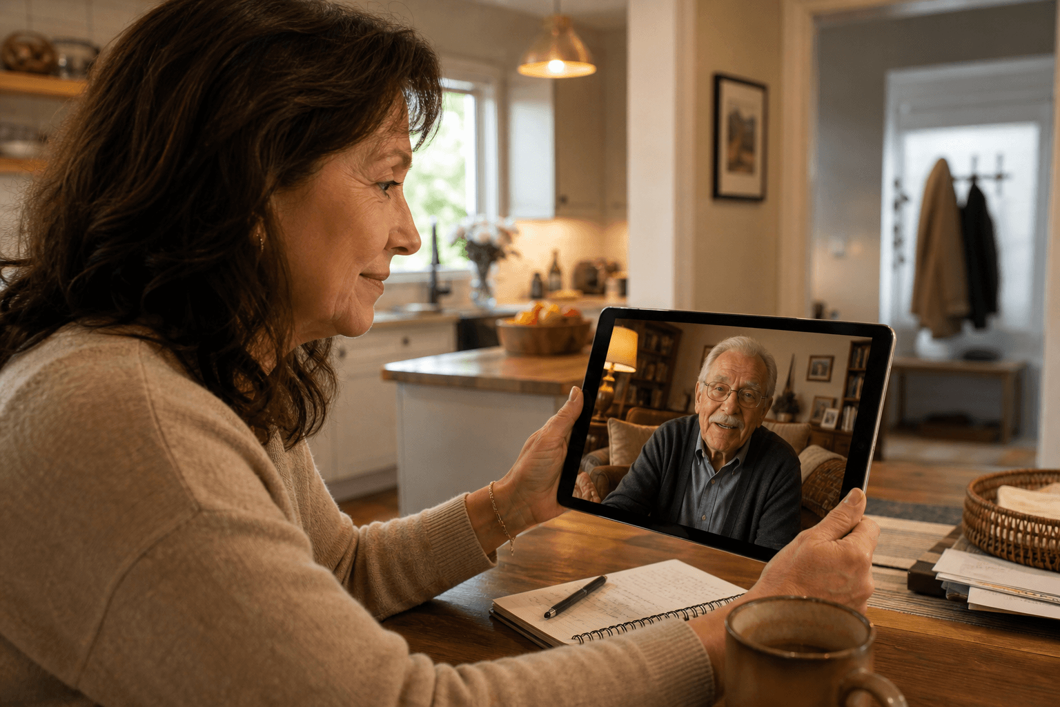 A woman in her late 40s sits at a kitchen table holding a tablet showing a video call with an elderly man in a warm, lived-in living room — two domestic spaces layered to convey connection across distance.