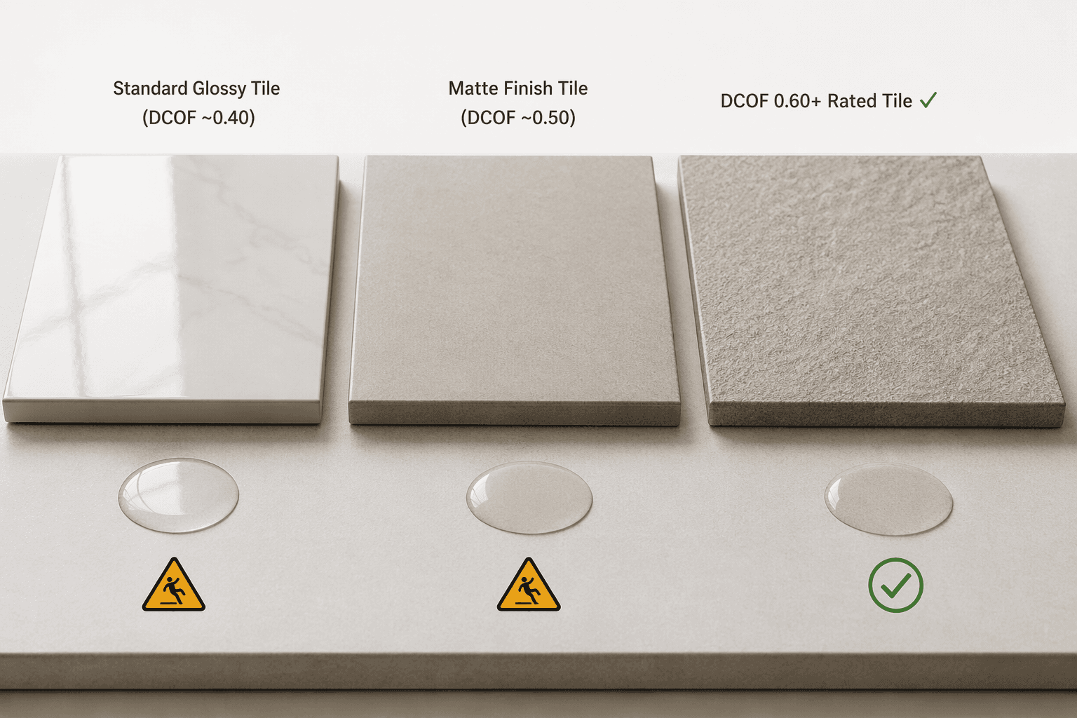 Side-by-side comparison of three bathroom floor tile samples on a light surface: glossy polished porcelain labeled DCOF ~0.40, smooth matte finish tile labeled DCOF ~0.50, and textured matte porcelain tile labeled DCOF 0.60+ Rated Tile with a green checkmark, with water droplets and slip hazard icons below the first two tiles
