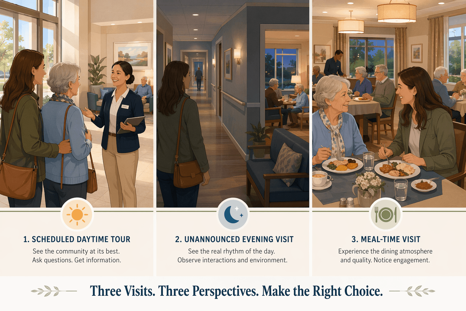 A horizontal triptych illustration showing three different senior care facility visit scenarios: a scheduled daytime tour, an unannounced evening visit, and a meal-time visit.