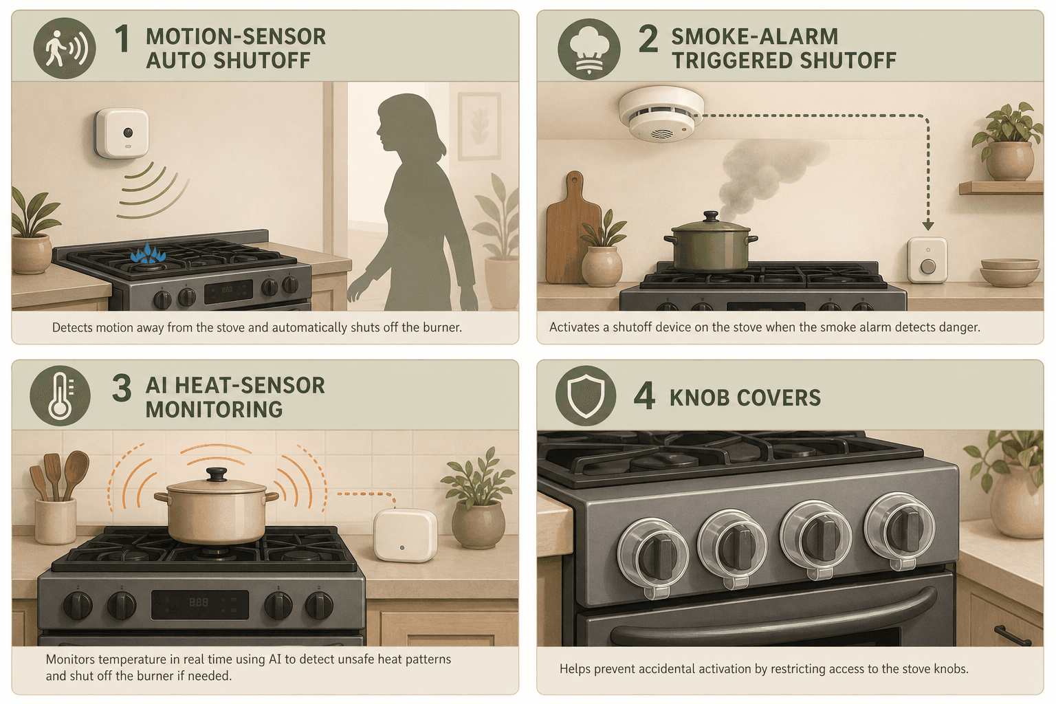 A 2x2 grid editorial illustration showing four stove safety device types: top left shows a motion-sensor auto shutoff device with a human silhouette, top right shows a smoke alarm connected to a stove shutoff device, bottom left shows a heat-sensor device with thermal wave lines, bottom right shows simple knob covers on stove knobs. Warm earth tones, product-neutral style.