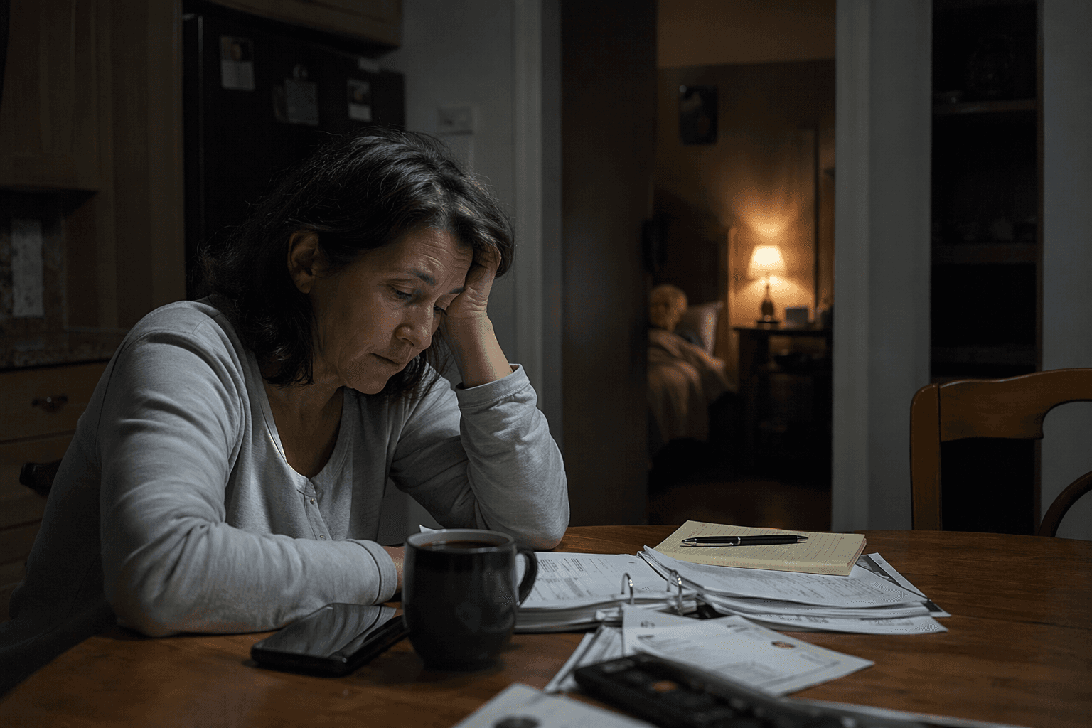 A middle-aged adult child caregiver sits exhausted at a kitchen table late at night, head resting on one hand, with a cold cup of coffee nearby.