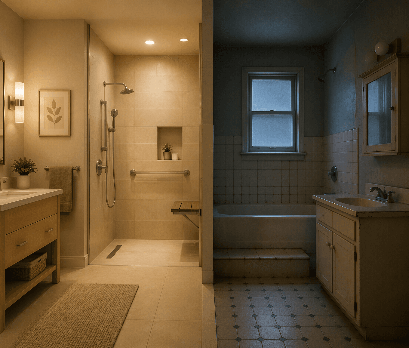 Split-comparison illustration: a modern accessible bathroom with grab bars and curbless shower on the left, and an older bathroom with a high tub step and no safety features on the right.
