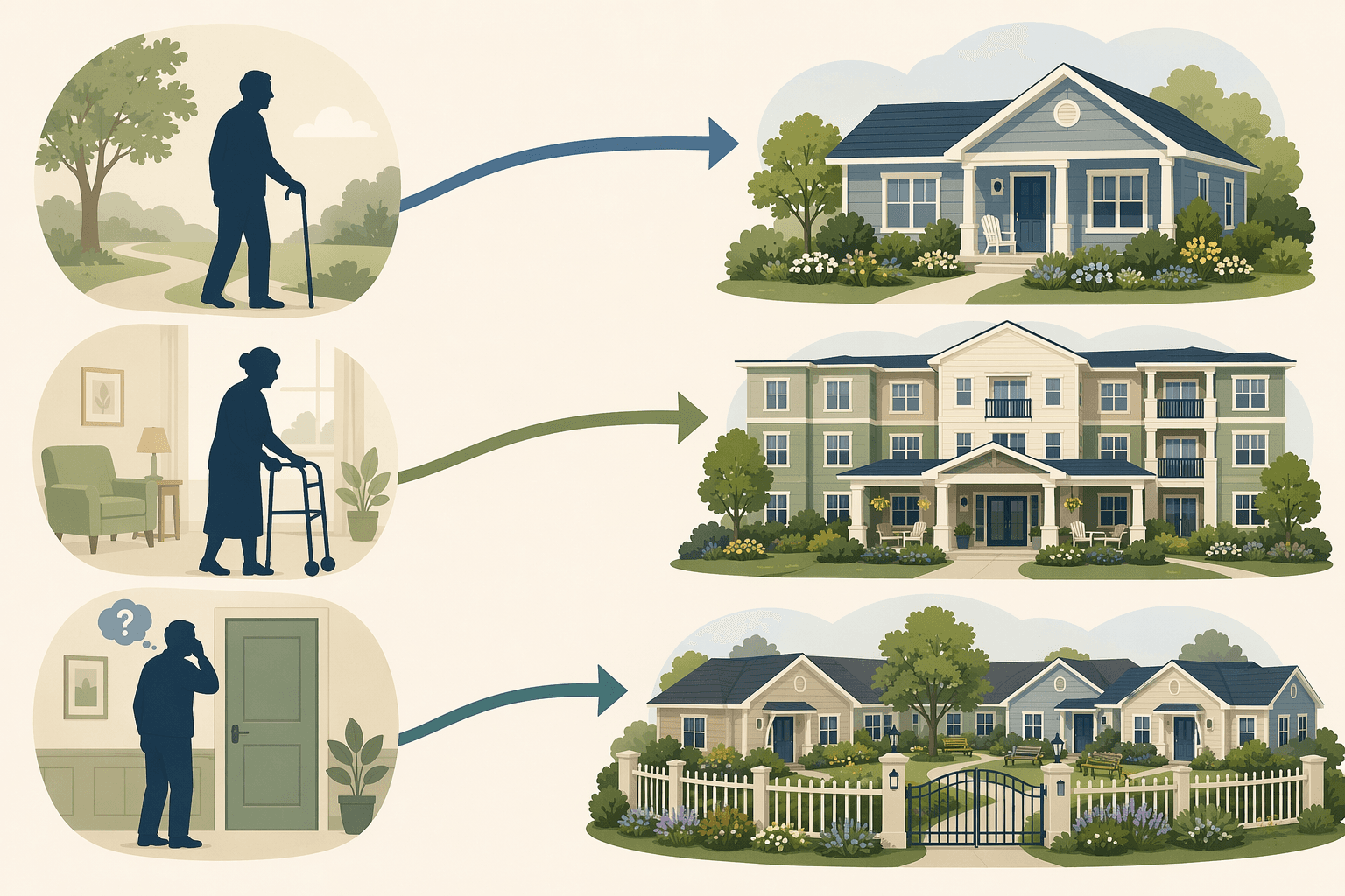 A flat illustration with three senior silhouettes on the left (a person with a cane, a person with a walker, a person near a door representing wandering concerns) connected by arrows to three building icons on the right (an independent living cottage, an assisted living apartment building, a secured memory care neighborhood with an enclosed garden), all in warm blues and sage greens against a soft beige background