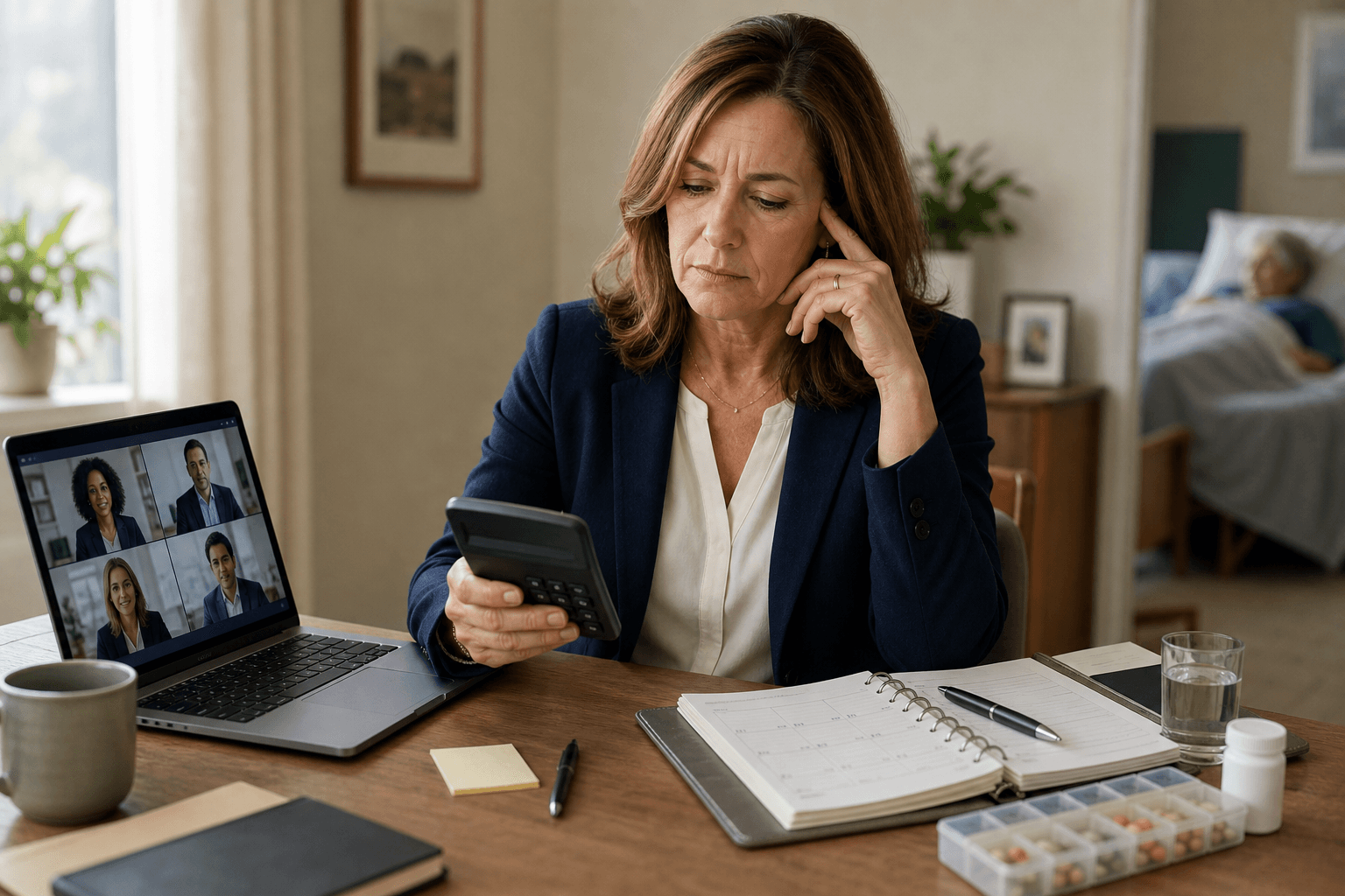 An adult woman in business casual clothes sits at a desk split between a laptop showing a work video call and a caregiving planner with a medication organizer and calculator, illustrating the career penalty of family caregiving.