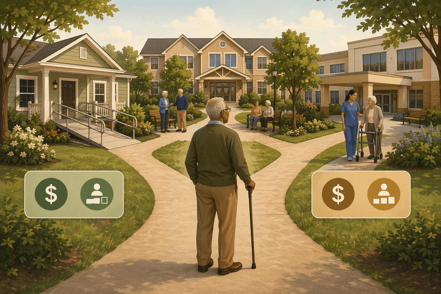 A warm-toned editorial decision tree illustration with an older adult using a cane at the center. Three branches show housing options: a house with ramp and grab bar (aging in place), a community building with people socializing (community living), and a care setting with a caregiver (care facility). Small icons indicate cost and care level on each branch.