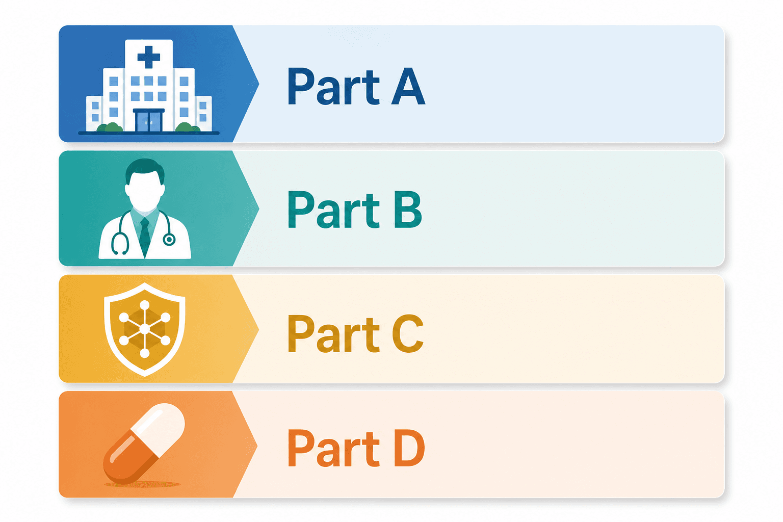 A flat-design diagram with four color-coded quadrants representing Medicare Parts A, B, C, and D, each with a distinct icon — hospital, doctor, shield, and pill.