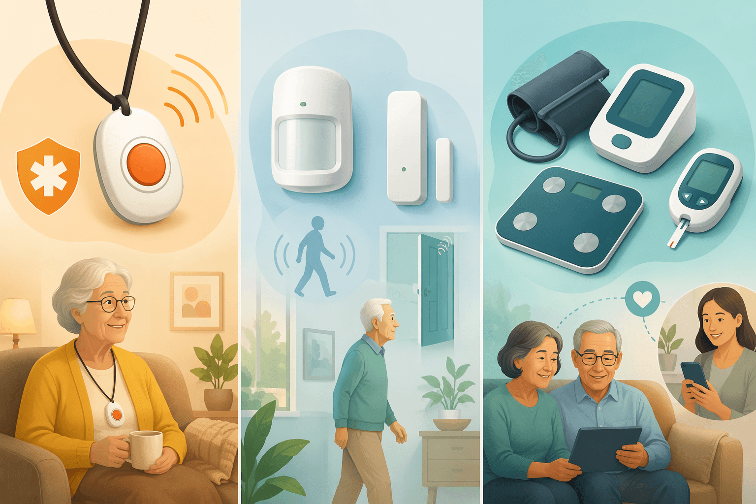 Three-panel illustration comparing medical alert systems, activity and wellness sensors, and remote patient monitoring.