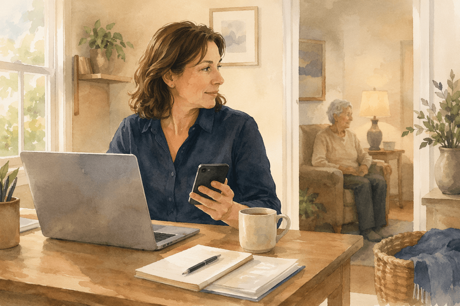 A person in their 40s working on a laptop at a home desk while glancing toward an elderly parent in another room, illustrating the challenge of balancing work and caregiving.