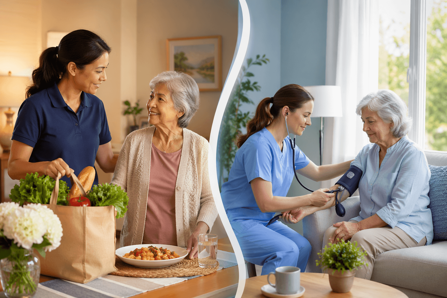 A side-by-side editorial illustration split into two scenes. On the left, a home care aide helps an older woman with groceries and meal preparation in a warm kitchen setting. On the right, a nurse in blue scrubs checks a patient's blood pressure near a window.