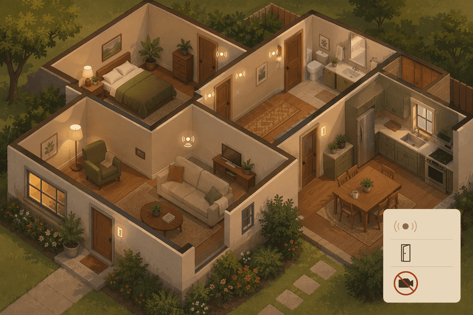 An isometric home with motion and door sensors placed in rooms and hallways without cameras or microphones