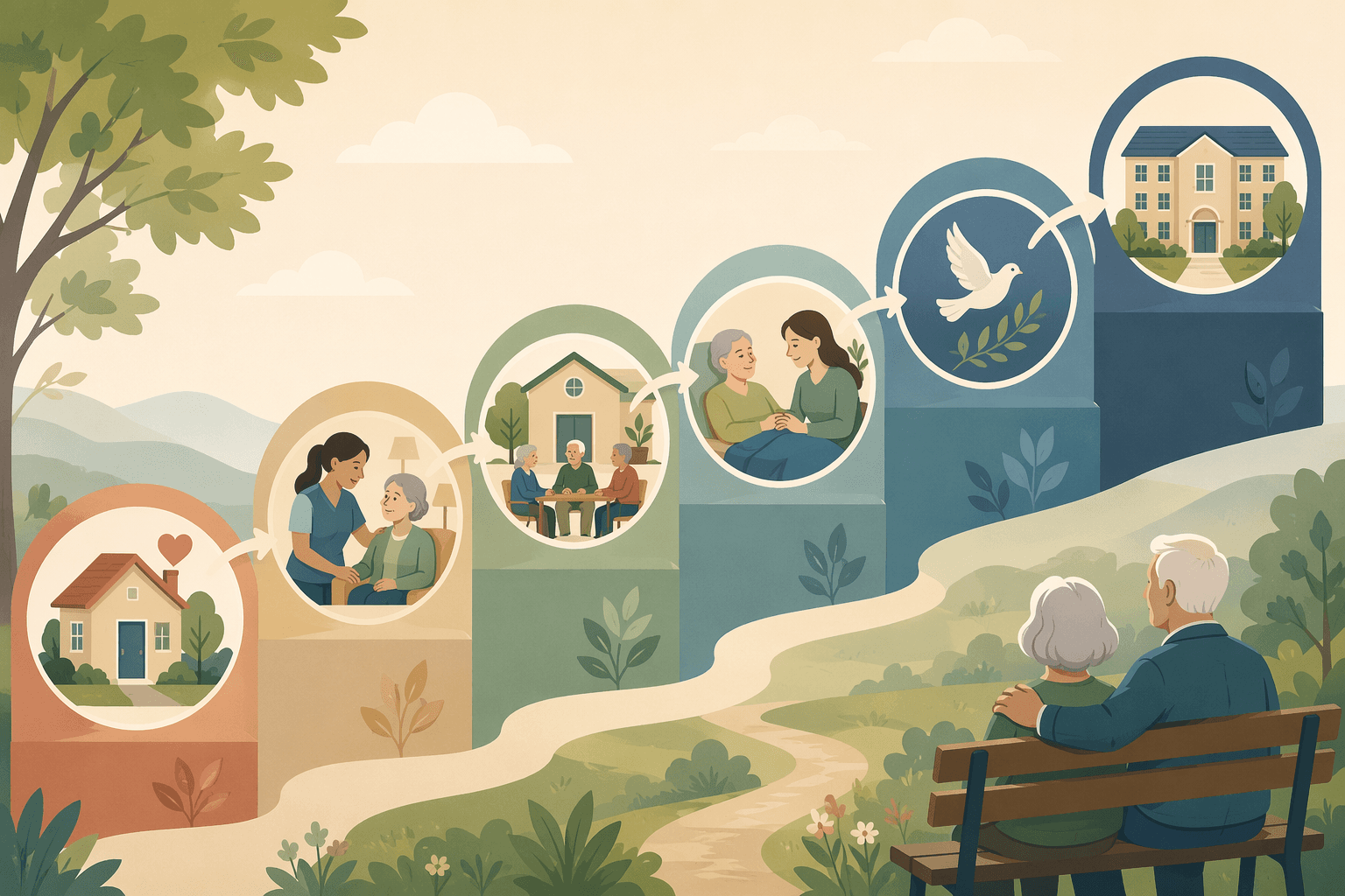 A pathway or staircase layout showing six stages of caregiving progression: informal family care, in-home professional services, adult day programs, palliative care, hospice, and residential transition, connected by arrows.
