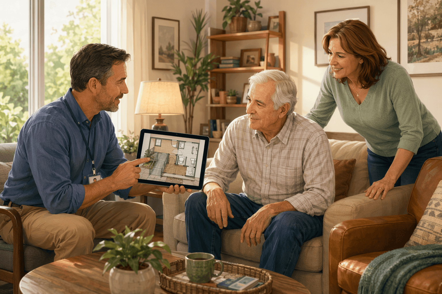 A CAPS-certified specialist in a casual-collared shirt gesturing at a tablet showing a home floor plan with highlighted accessibility features, while a seated older adult and their adult child listen attentively in a bright, cozy living room.