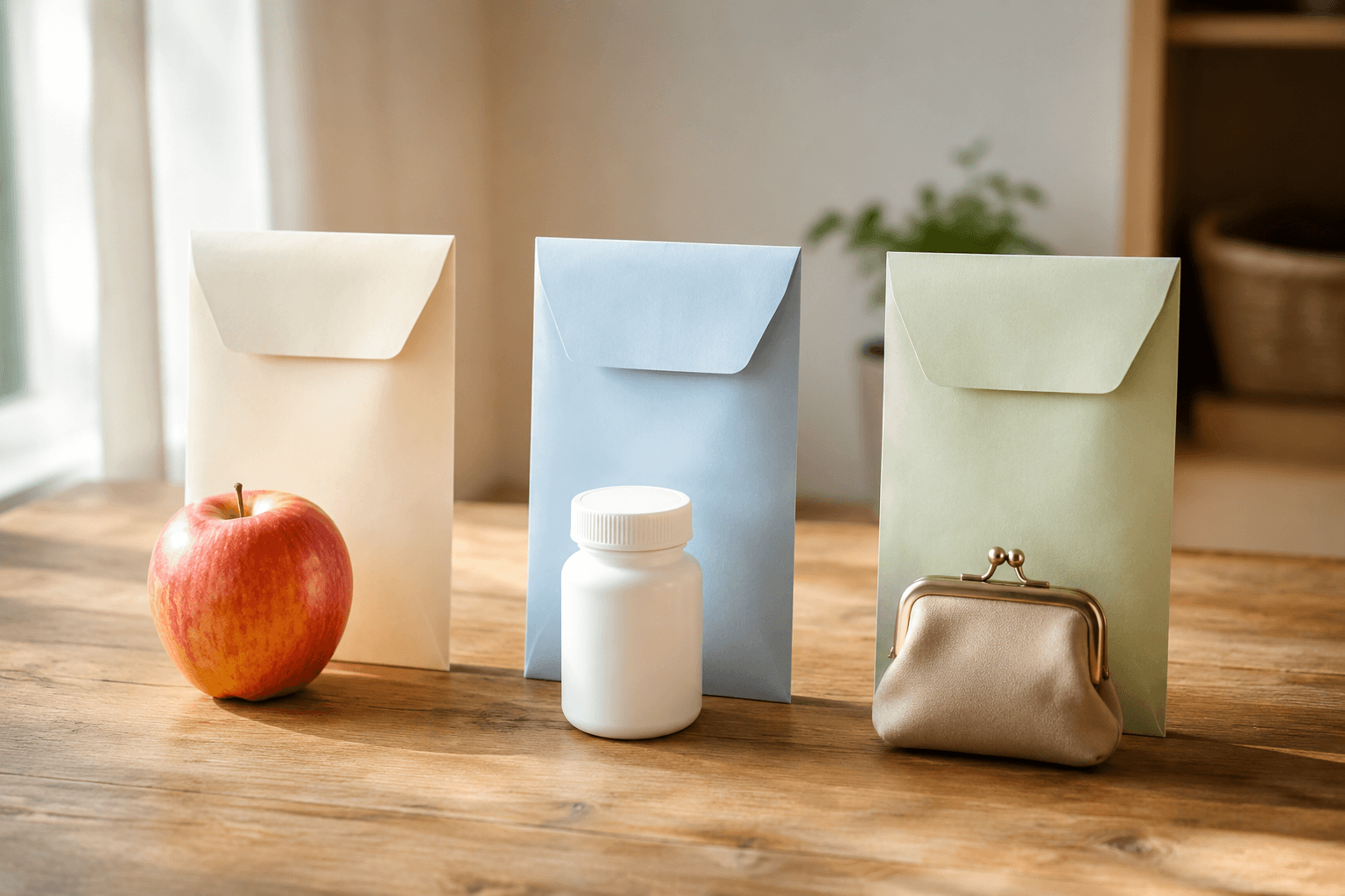 Three unopened envelopes beside an apple, pill bottle, and coin purse representing SNAP, Medicare Savings Programs, and SSI