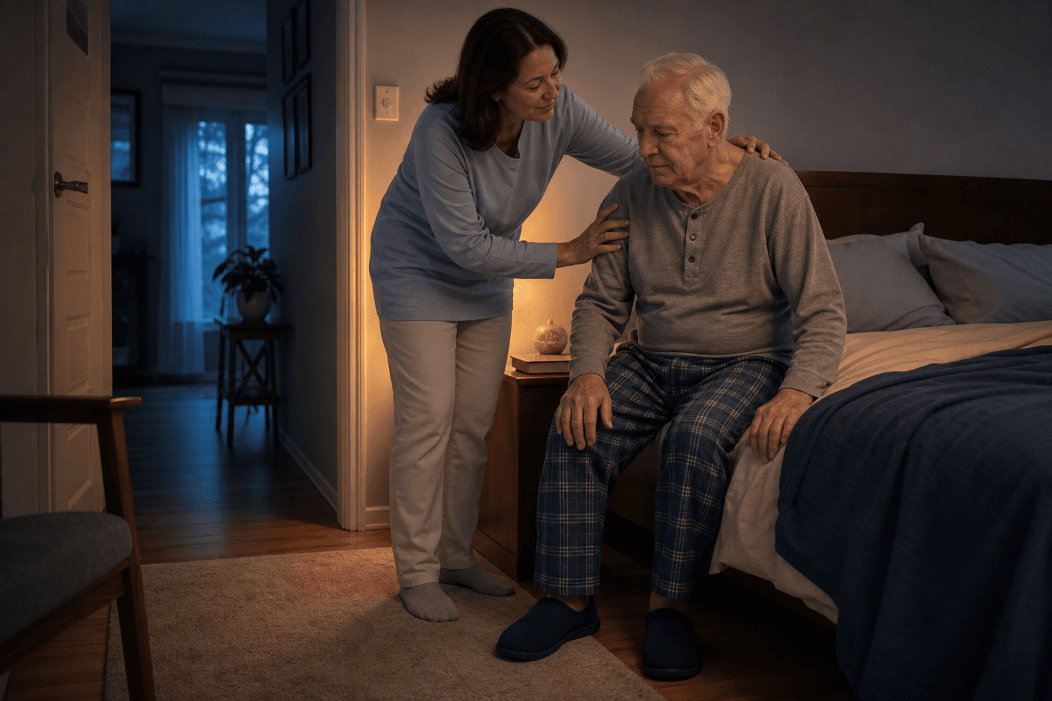 A caregiver gently assists an elderly parent sitting on the edge of a bed in a softly lit bedroom at night.