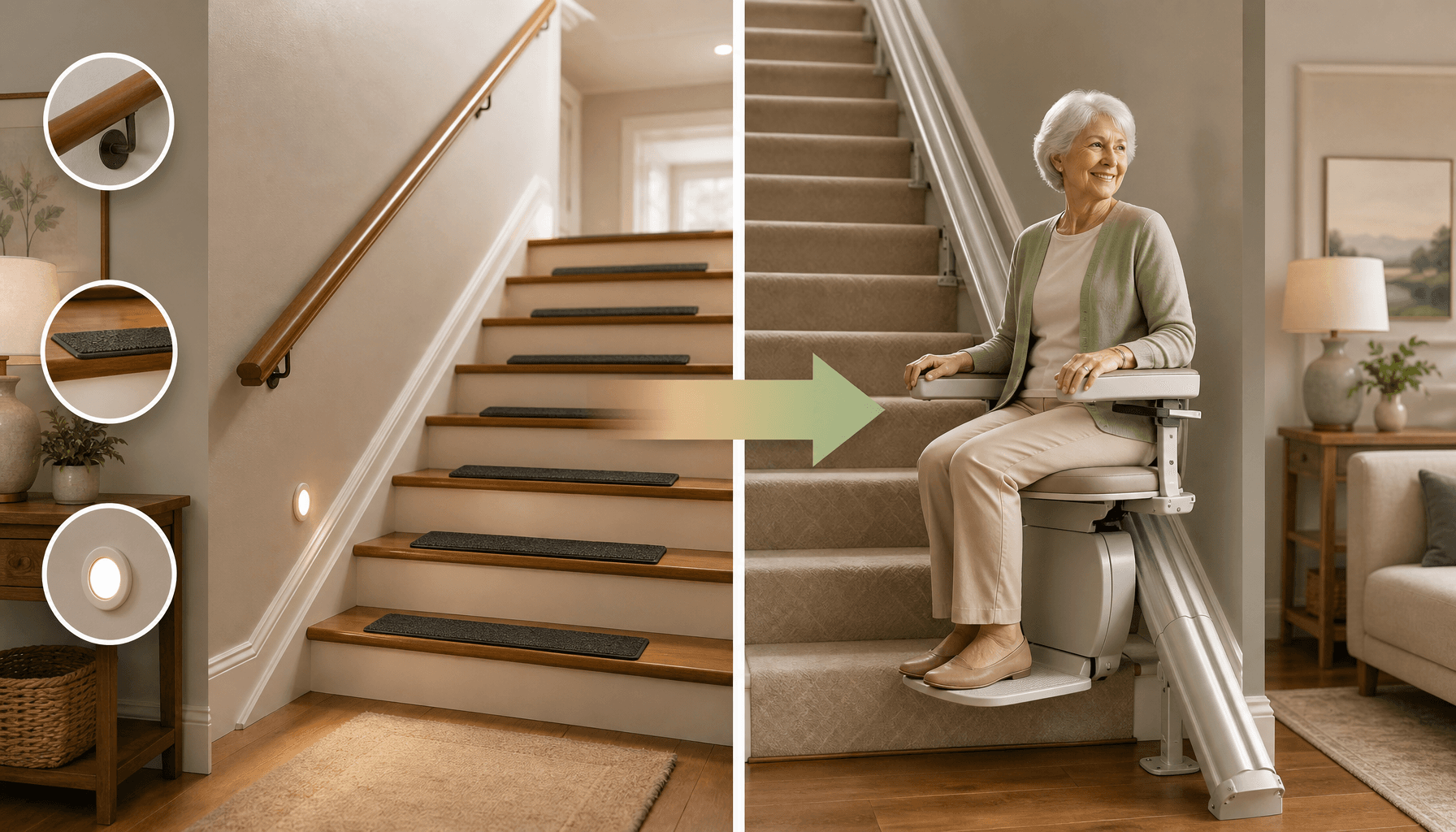 An editorial-style side-by-side illustration showing two stair safety approaches: on the left, a staircase with handrails, non-slip treads, and good lighting representing low-cost fixes; on the right, a stair lift on a staircase with an older adult seated in it. A visual bridge or arrow between them represents the decision threshold.