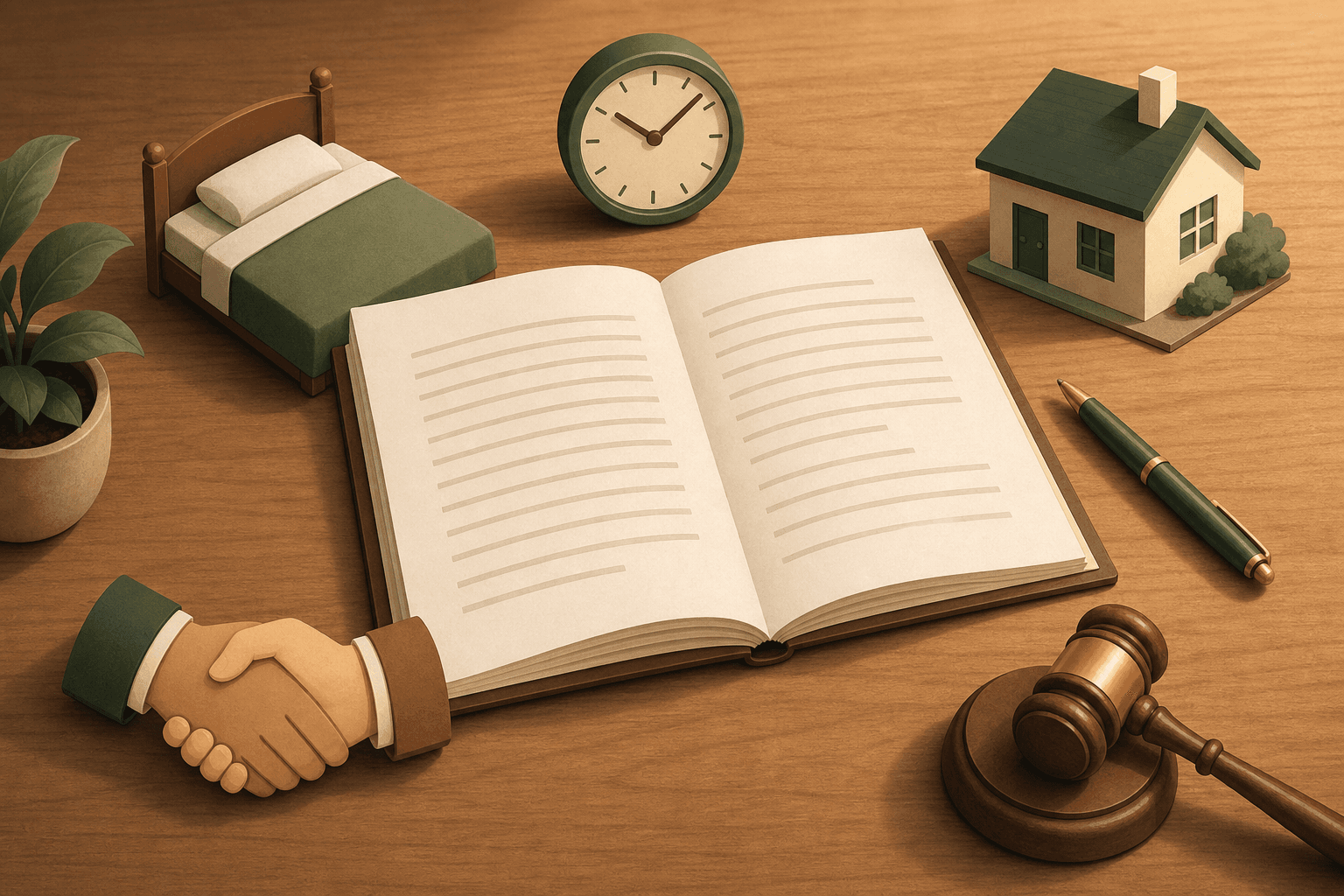 An open contract document on a wooden table surrounded by icons representing key live-in care terms: sleep hours, breaks, room and board, handshake, and legal protection.