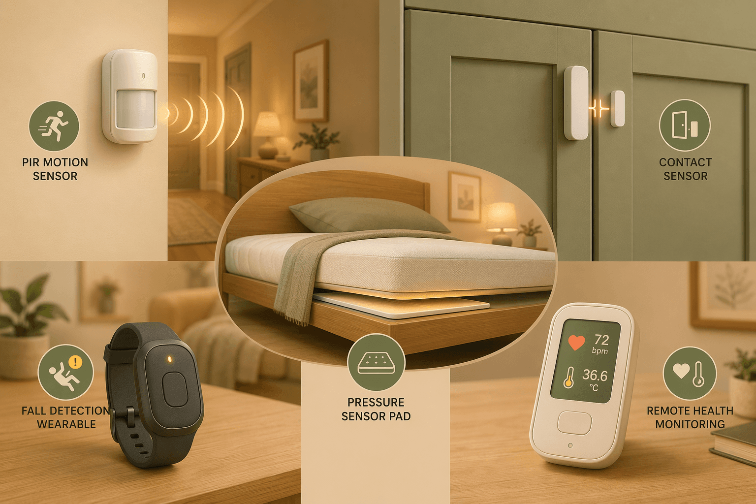 Editorial illustration showing five monitoring sensor types arranged across a home environment: a PIR motion sensor, a contact sensor, a pressure sensor pad, a wearable fall detection device, and a remote health monitoring device.