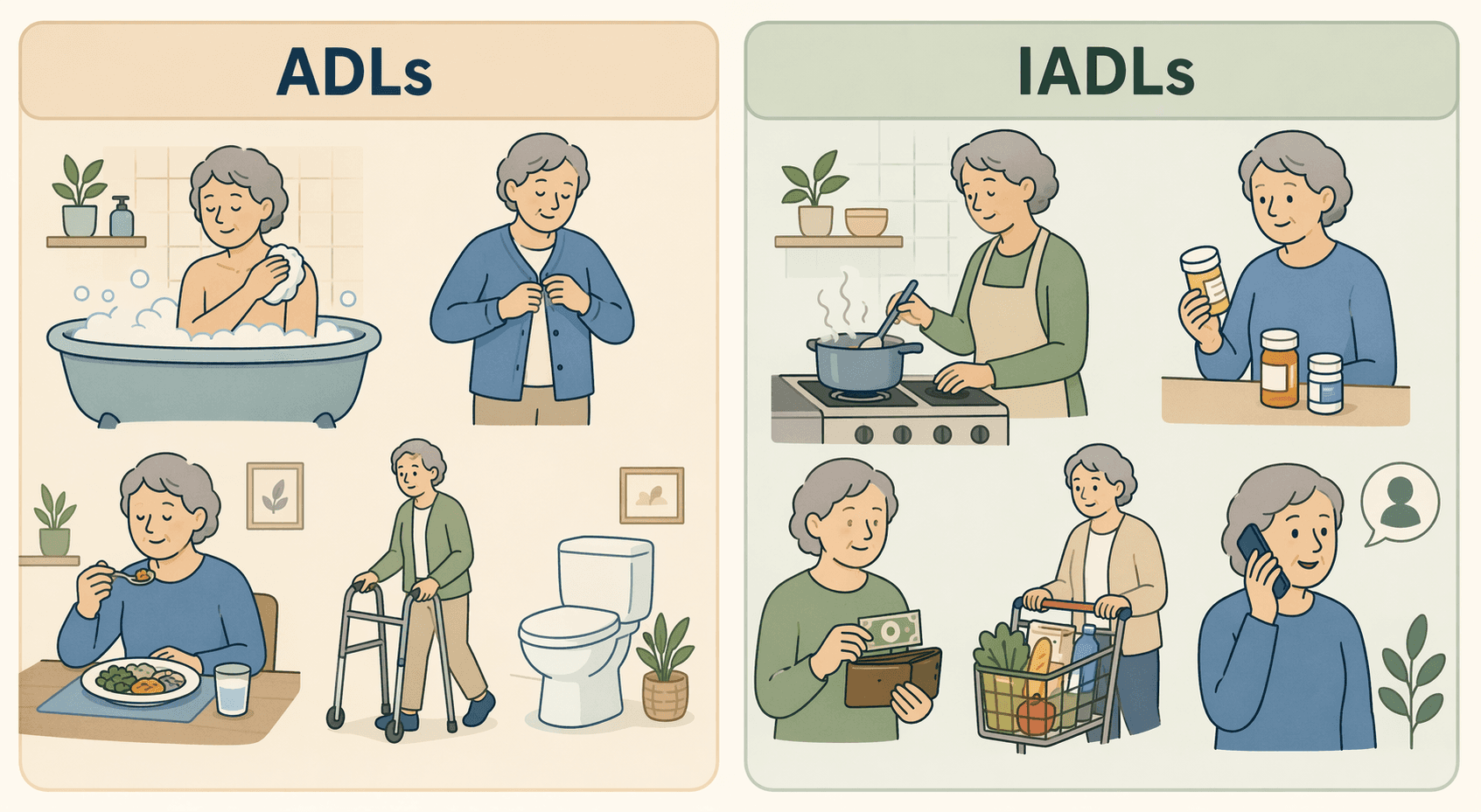 A two-column flat illustration comparing ADLs (bathing, dressing, eating, walking with walker, toileting icons) on the left and IADLs (cooking, medication, finances, shopping, phone icons) on the right.