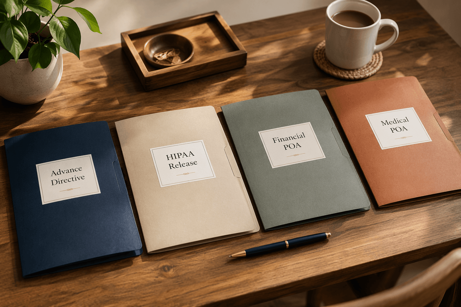 Four document folders labeled 'Advance Directive', 'HIPAA Release', 'Financial POA', and 'Medical POA' arranged in a row on a wooden desk. A pen rests beside them.