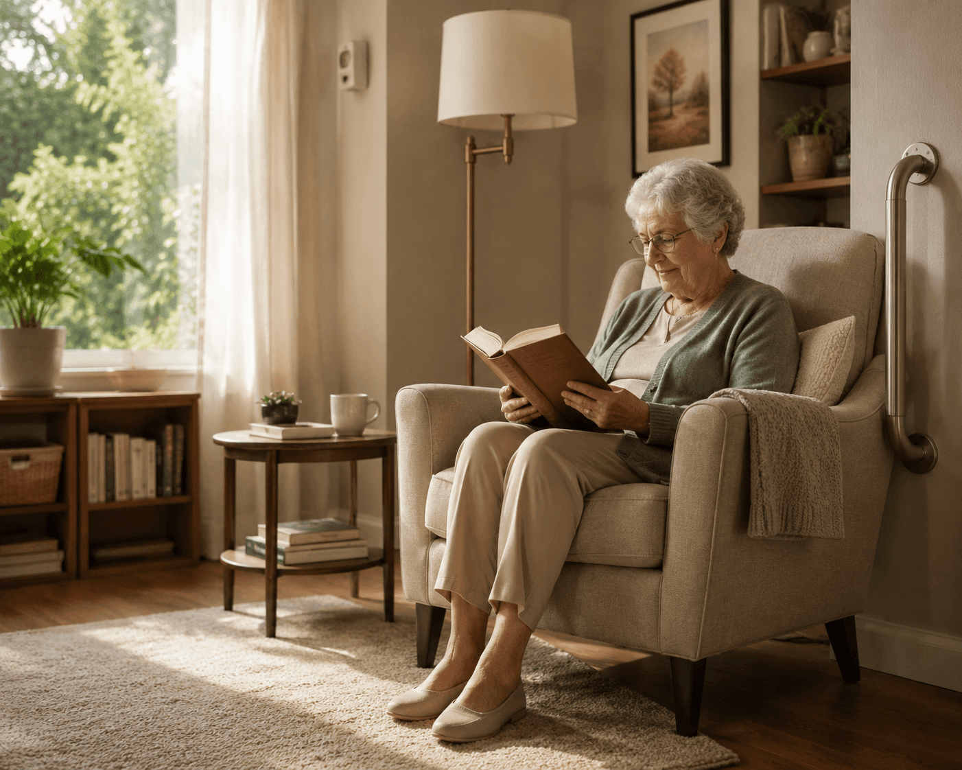 Older adult reading in a living room with a discreet grab bar, non-slip rug, and ambient wall sensor
