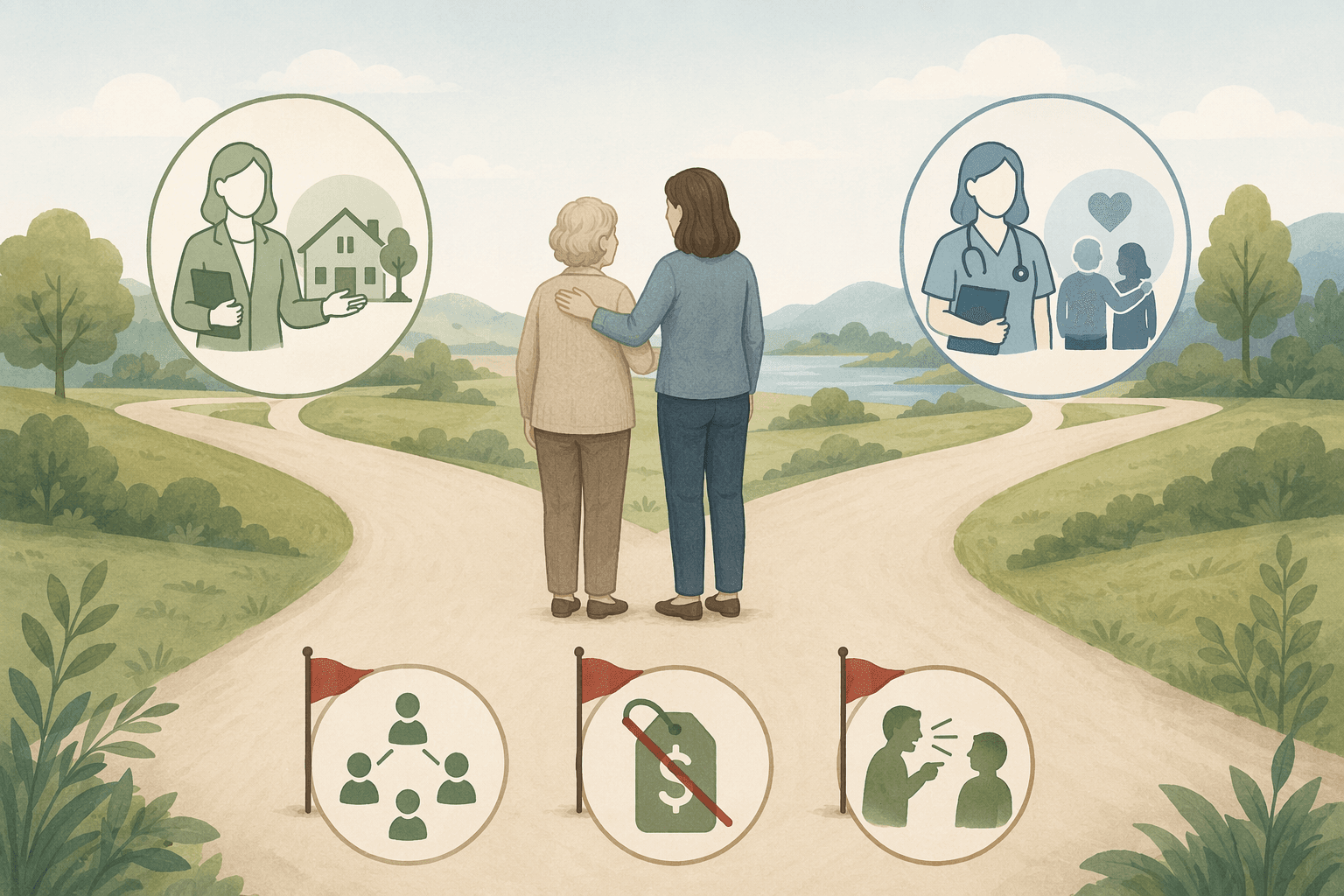A decision-pathway illustration showing a family at a fork in the road with two paths: one toward a senior care advisor icon and one toward a geriatric care manager icon, with red flag warning symbols (limited network, undisclosed fees, high-pressure tactics) below.