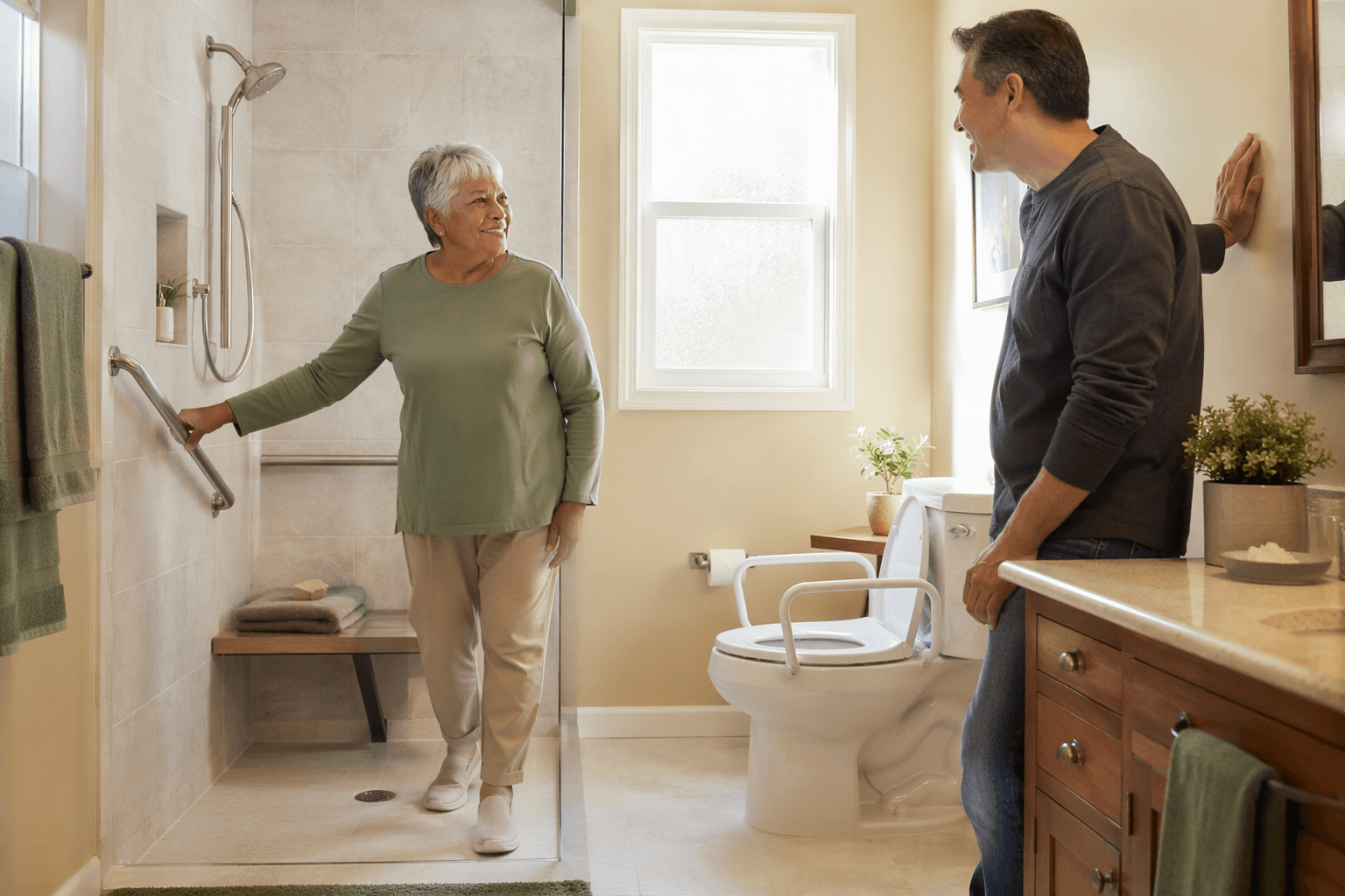 An older adult using a grab bar in a bright, accessible bathroom with a walk-in shower and raised toilet, while an adult child stands nearby.