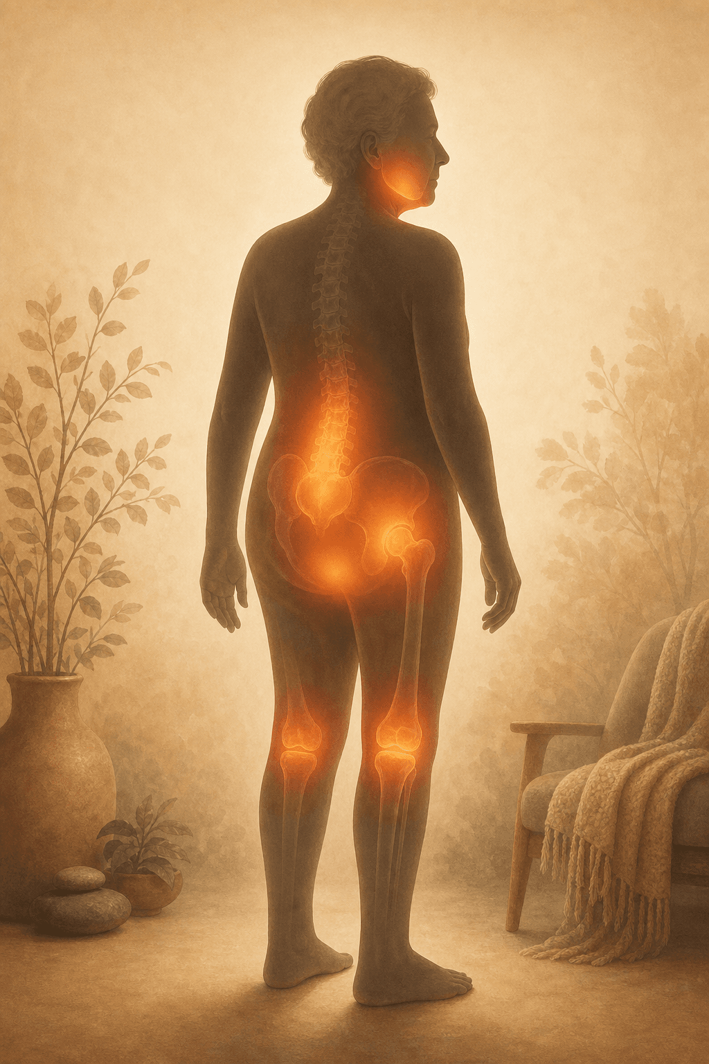 A calm editorial body map illustration of a senior human silhouette with warm orange and amber glow highlights indicating common hidden pain locations.