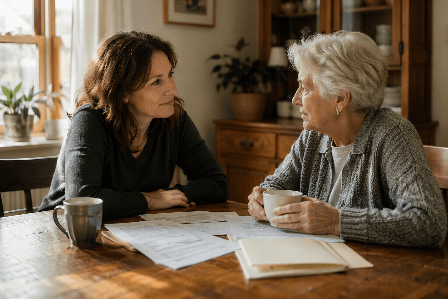 An adult child in their 40s sits at a wooden kitchen table across from an elderly parent, with a cup of tea and papers between them. The adult child leans forward with a patient, empathetic expression while the parent holds a teacup with slightly guarded but open body language. Soft natural window light, warm earth tones, calm and collaborative mood.