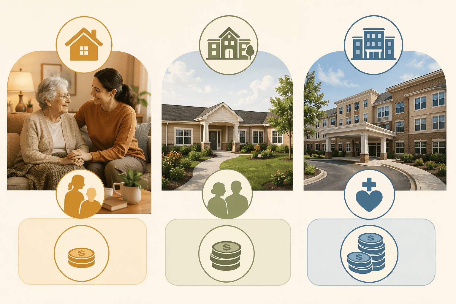 A clean editorial flat-lay with three visual comparisons: a home icon with caregiver silhouette and savings symbol for live-in companion care, an assisted living facility icon with mid-range cost symbol, and a nursing home icon with higher cost symbol, all on a warm cream background.