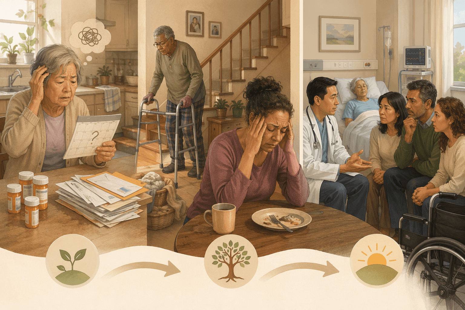 An editorial illustration showing three progressive stages arranged left to right connected by arrows. Stage 1 (Early): an older adult at home with pill bottles, unopened mail, and a confused expression. Stage 2 (Mid): an older adult with a walker near stairs and a stressed caregiver rubbing their temples at a table. Stage 3 (Crisis): a hospital room with a doctor speaking to concerned adult children and a wheelchair.