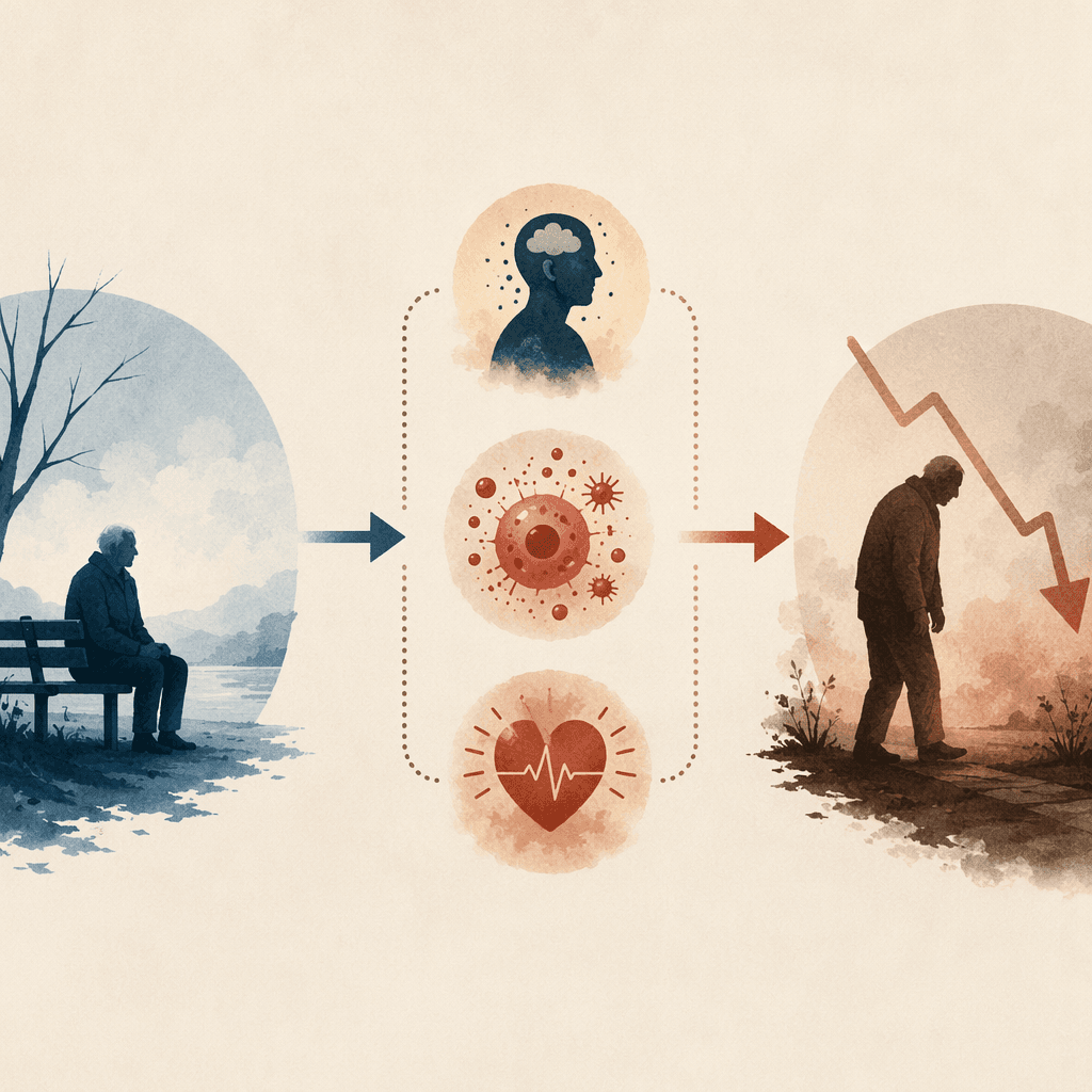 An editorial conceptual illustration showing the pathway from loneliness to health decline. A cool-toned silhouette on the left transitions through abstract icons representing elevated cortisol, inflammation, and cardiovascular strain toward a warm-toned silhouette on the right with a downward trajectory.