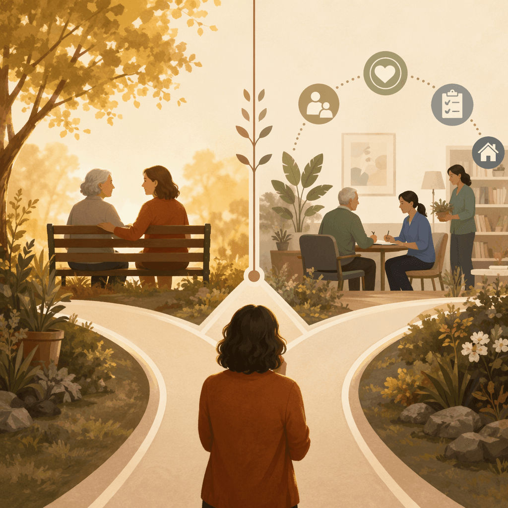 A warm editorial illustration showing two conceptual care pathways side by side. The left side depicts mild social isolation addressed by companion care, shown with a soft glow and two connecting silhouettes. The right side depicts more complex needs requiring additional support.