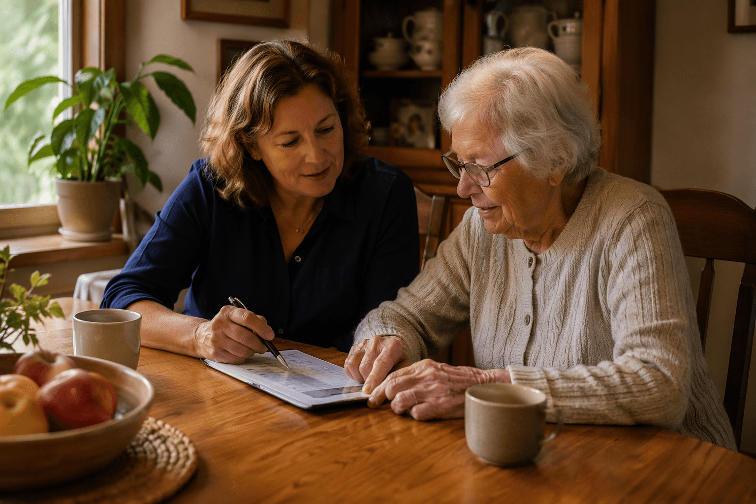 A middle-aged adult child and an elderly parent sit together at a wooden dining table, looking at a checklist. Soft window light, warm wood tones, and a houseplant create a cozy home setting. Both appear calm, engaged, and collaborative.