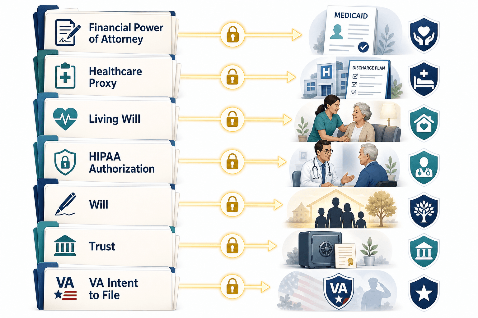 An editorial illustration showing 7 labeled document folders on the left — Financial Power of Attorney, Healthcare Proxy, Living Will, HIPAA Authorization, Will, Trust, and VA Intent to File — each with arrows leading to corresponding care access icons on the right including a Medicaid benefits document, hospital discharge plan, home care scene, doctor consultation, and VA benefits shield.