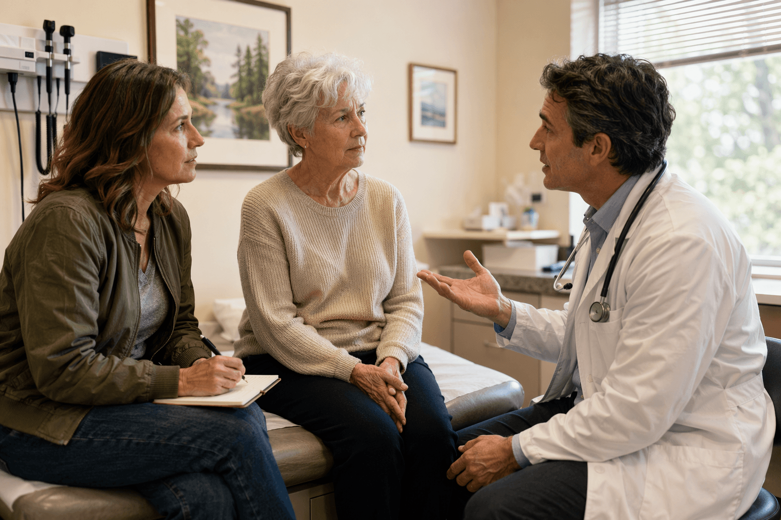 An adult child sits beside their older parent on an exam table in a bright, modern doctor's office while a doctor in a white coat sits at eye level gesturing to explain a care plan.
