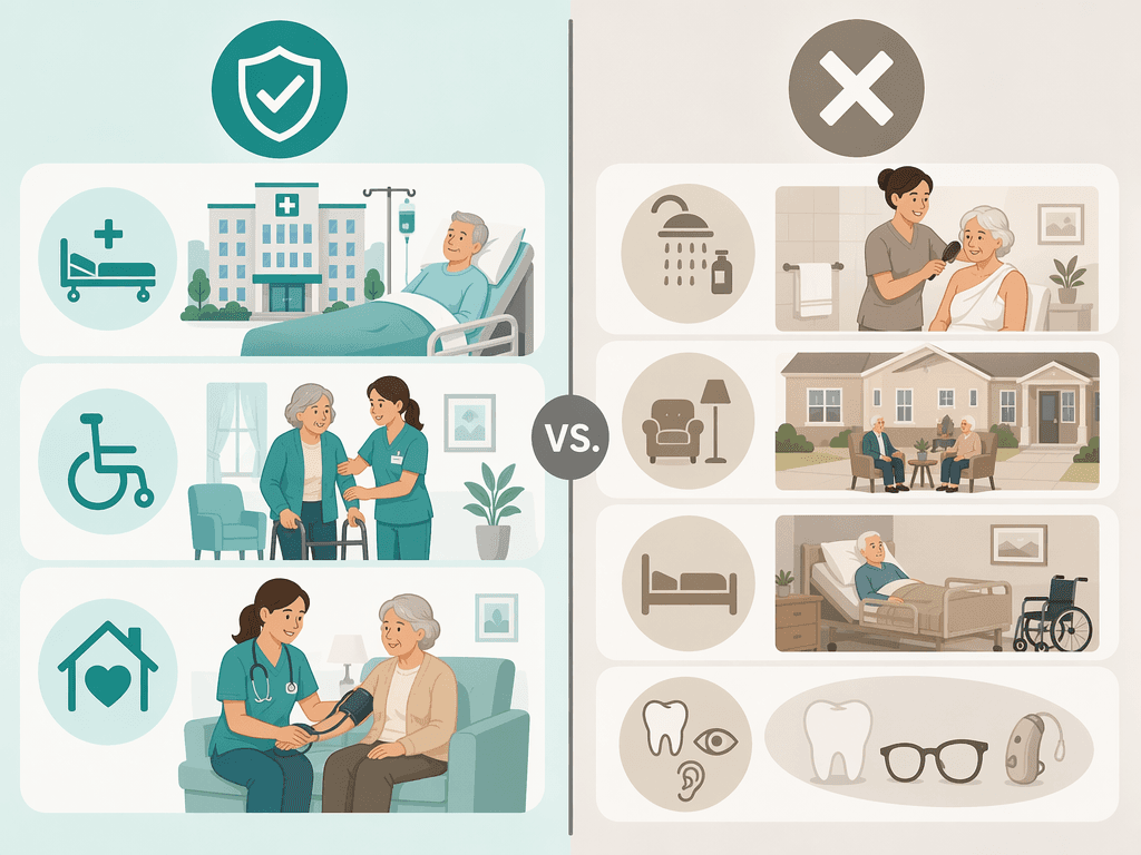 A side-by-side comparison showing what Medicare covers on the left and what it does not cover on the right.